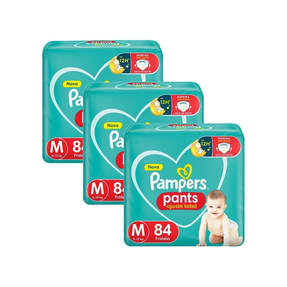 Kit 3 Fralda Pampers Pants Ajuste Total Tamanho M 84 Unidades