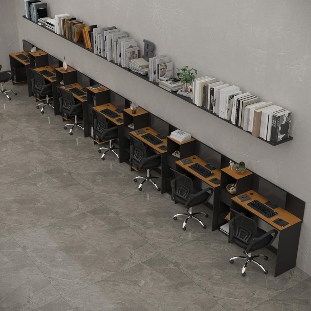 Conjunto De Escritório Tech 6 Livreiro E 7 Mesas 90cm - Vian - Preto E Cedro Preto E Cedro