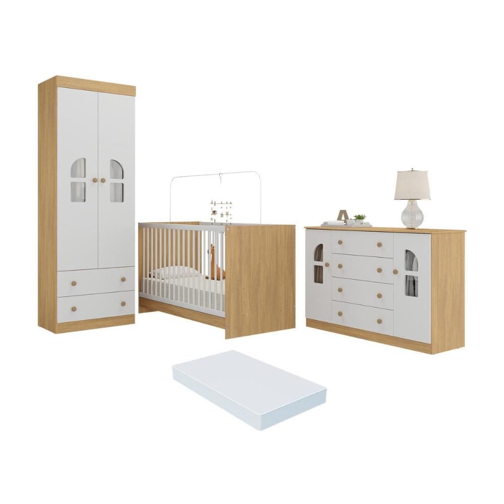 Quarto de Bebê Completo com Berço 3 em 1 com Colchão Incluso Amora Multimóveis MP4577