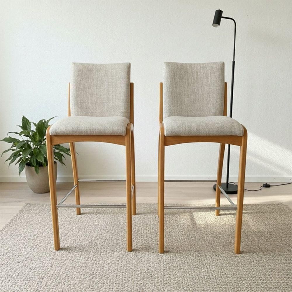 Kit 2 Banqueta Aura Alta Madeira Maciça E Linho 28 Areia Design Moderno Conforto Com Apoio Para Pés Mobília Decor