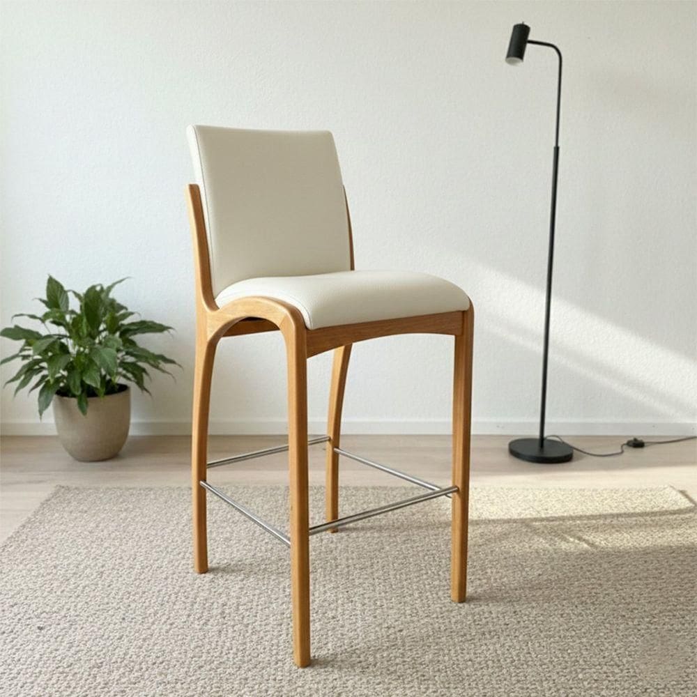 Banqueta Aura Alta Madeira Maciça E Courino Branco Design Moderno Conforto Com Apoio Para Pés Mobília Decor