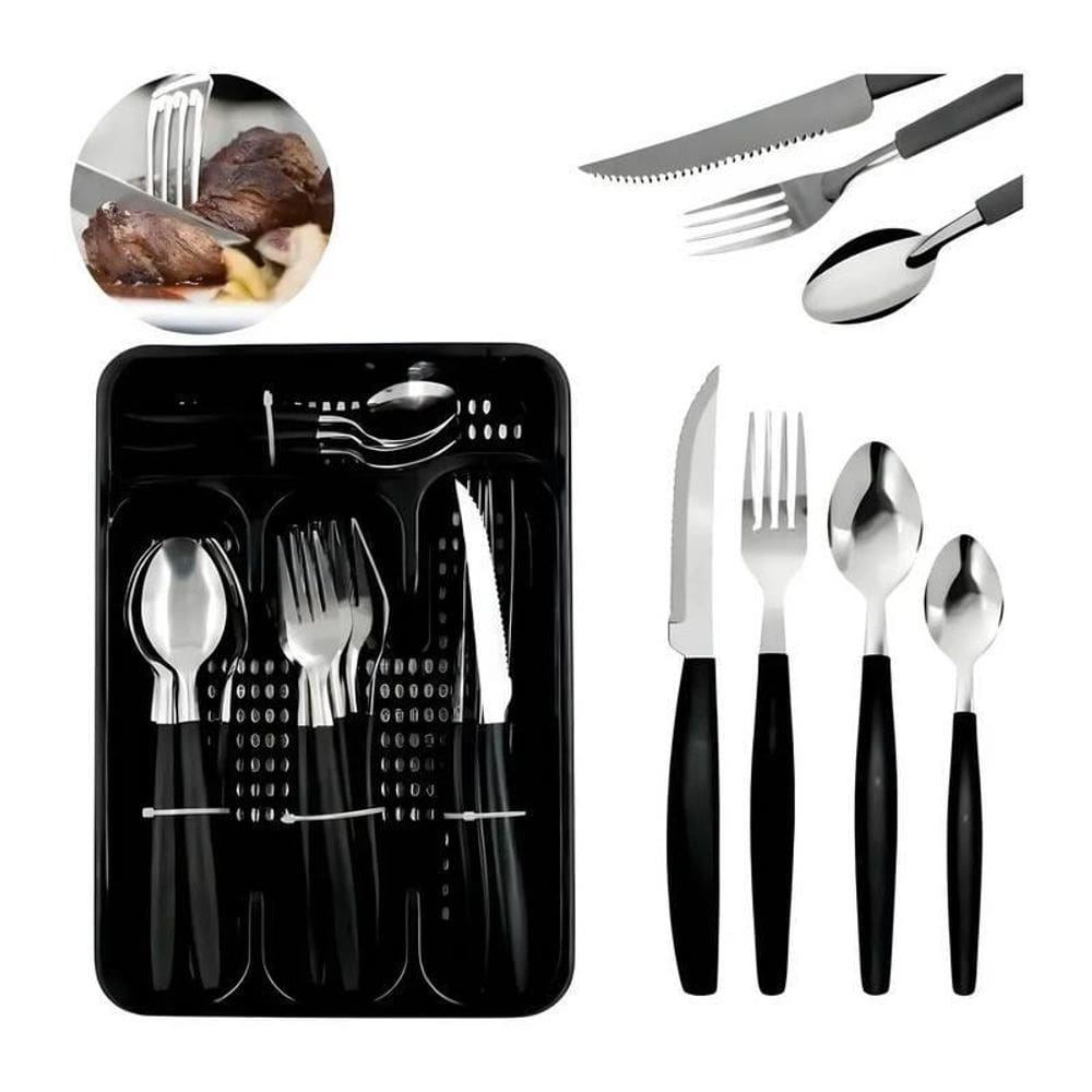 Jogo De Faqueiro Preto Garfo Faca Colher Com Porta Talher
