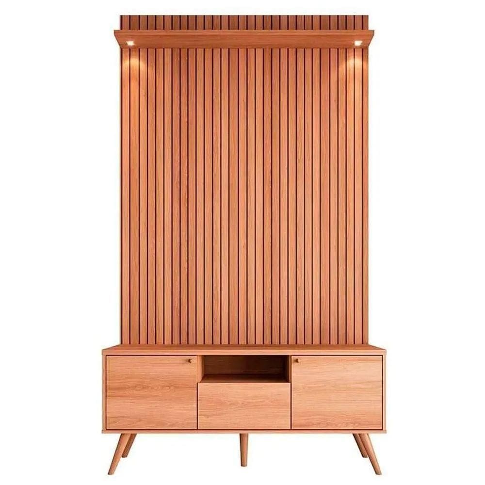 Rack Bancada 1 Porta 2 Gavetas E Painel Para Tv De Até 55 Rivire 1.3 Jequitibá Ripado 3d