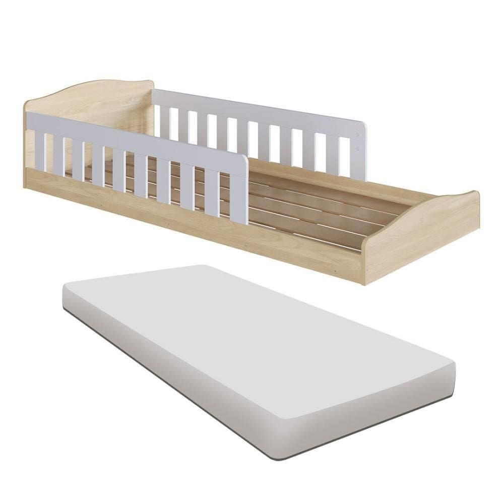Cama Com Colchão Montessoriana Infantil C- Proteção Lateral - Carvalho-branco