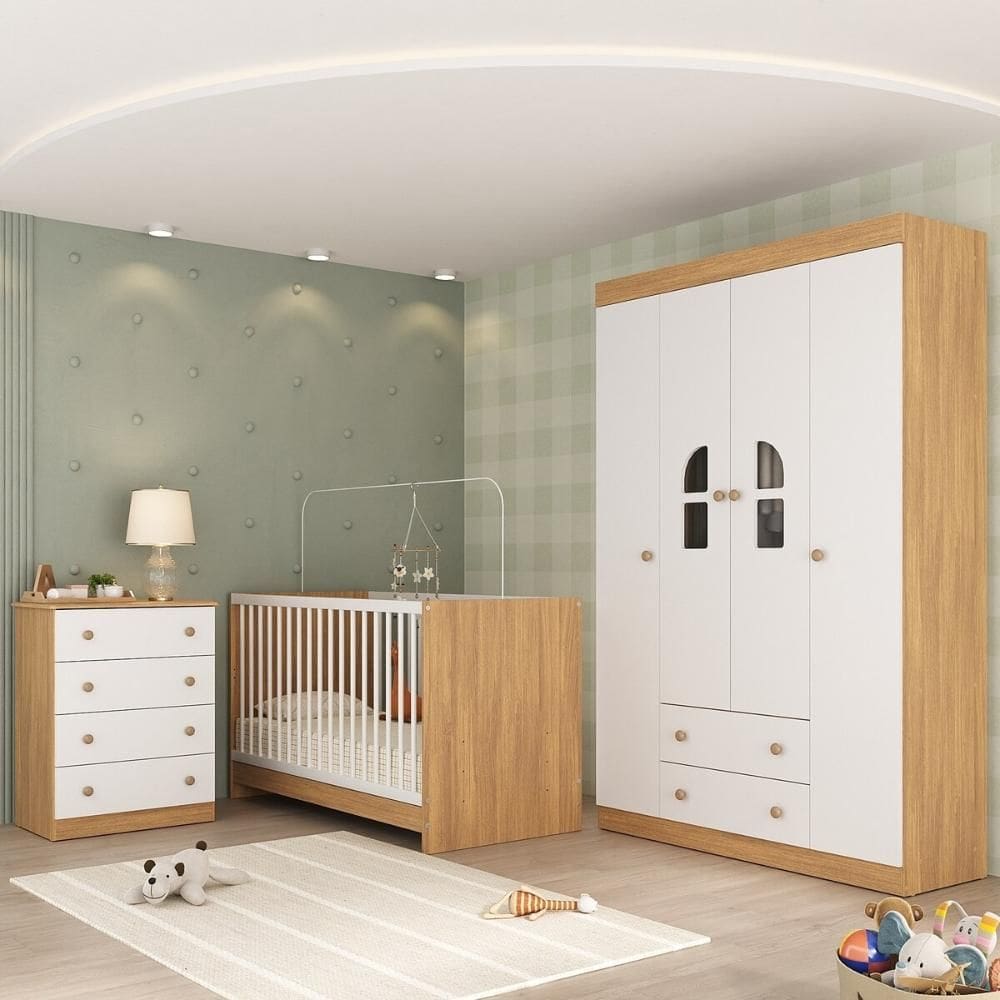 Quarto de Bebê Completo com Berço 3 em 1 para Colchão 130x60cm Amora Multimóveis MP4553