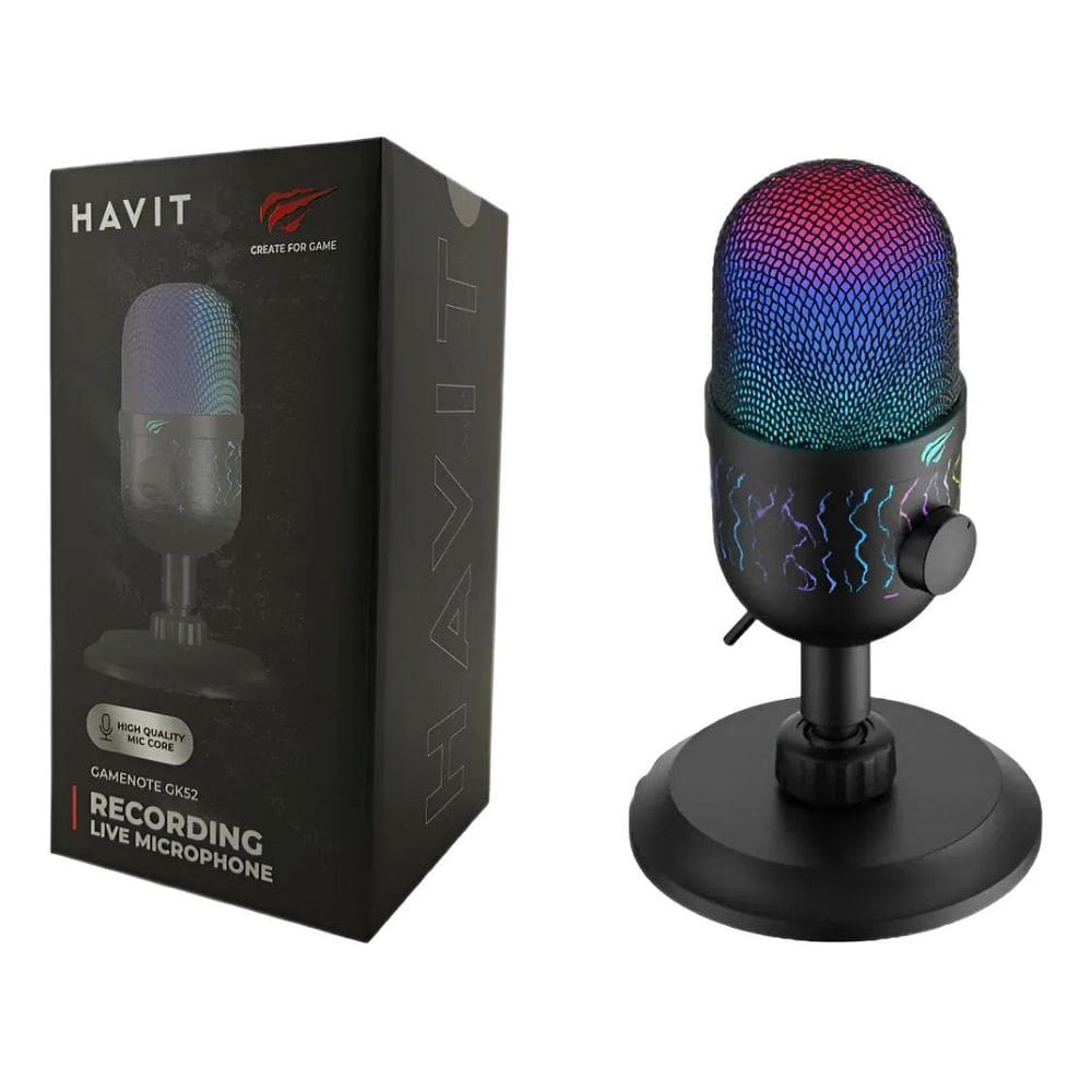 Microfone Gamer Usb Mesa Havit Gk52 Rgb Omnidirecional Preto