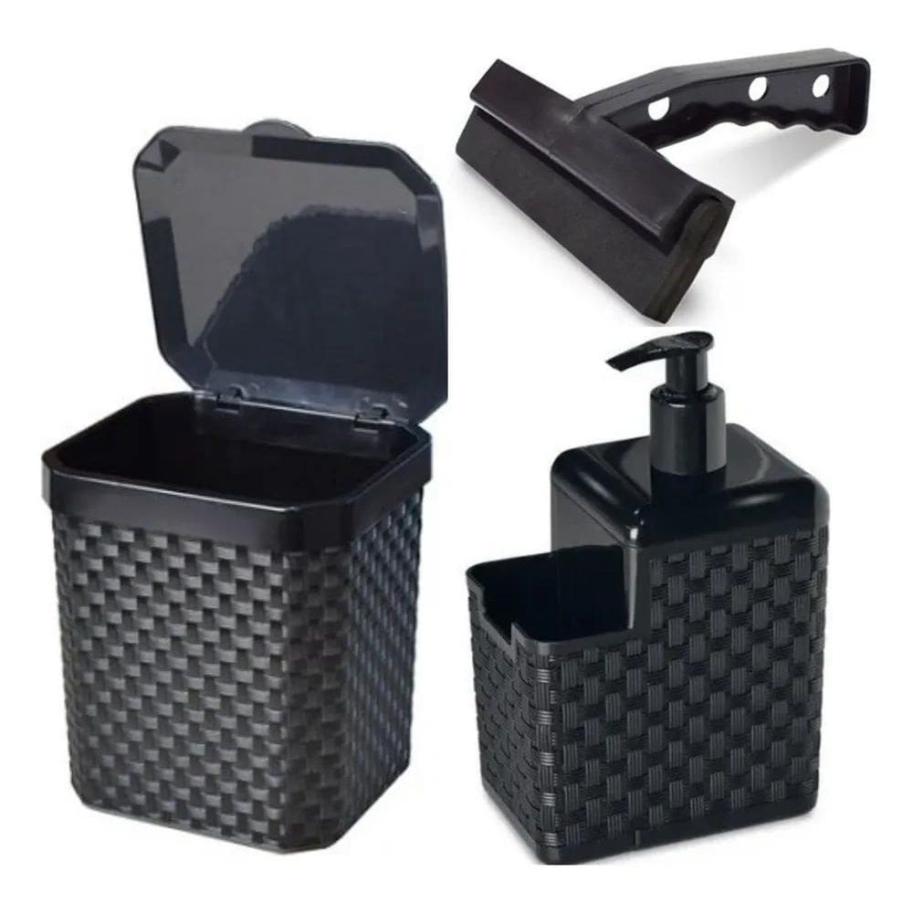 2X Kit Pia 3 Peças Lixeira Porta Detergente Esponja E Rodo P