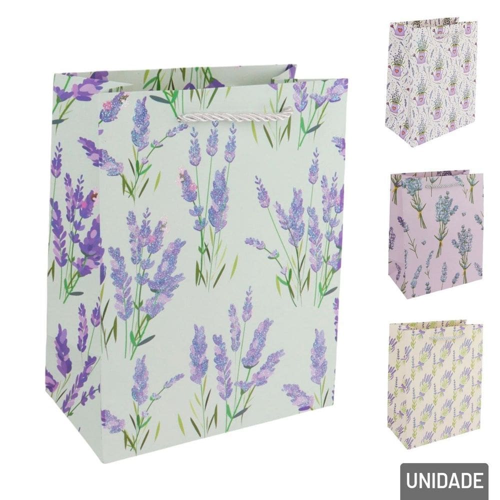 Sacola Papel 23x18cm Flores Lavanda Glitter - Tudo em Caixa