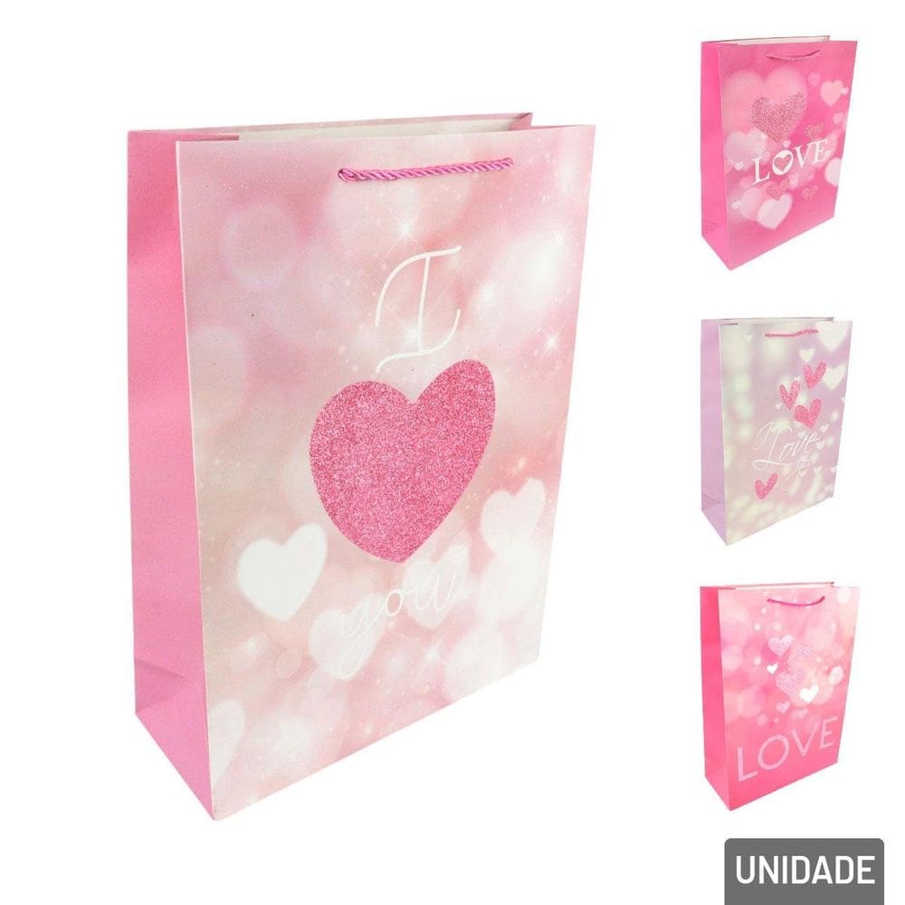 Sacola Papel 41,5x30cm Coração Frase Love  - Tudo em Caixa