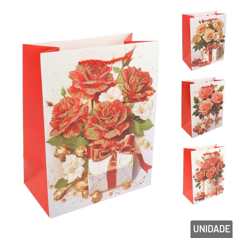 Sacola de Papel 23x18cm Rosas Glitter - Tudo em Caixa