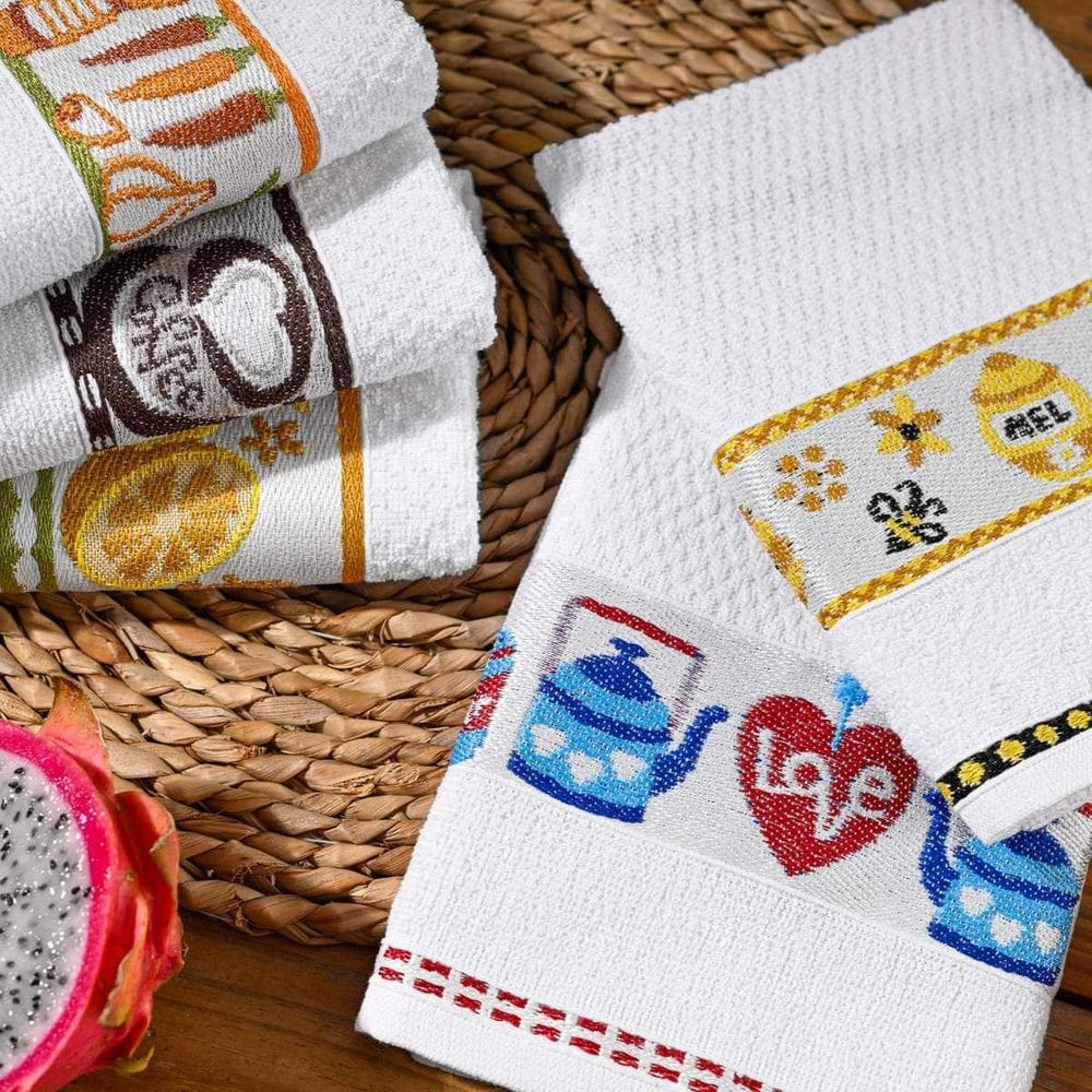 Kit 10 Panos De Copa Jacquard Cavhome 50X70Cm Branco Barrado