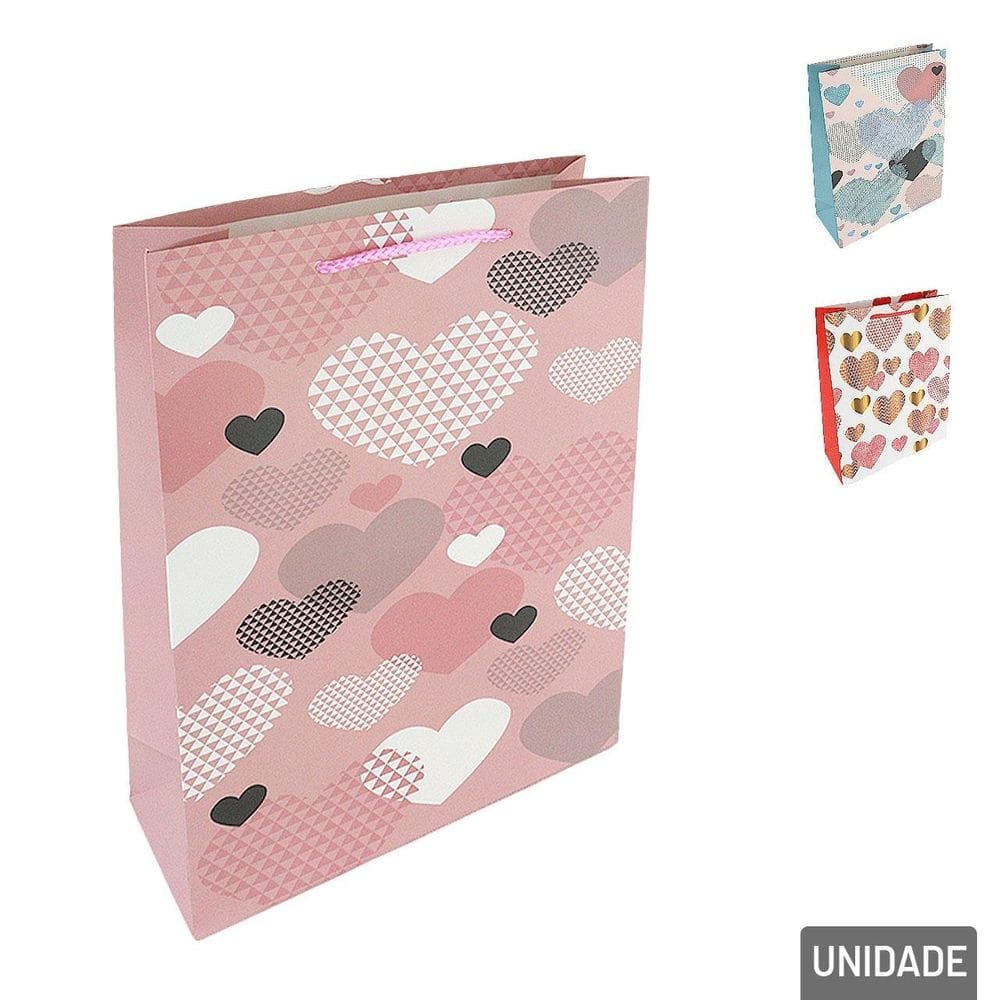 Sacola de Papel 32x26cm Corações Glitter  - Tudo em Caixa