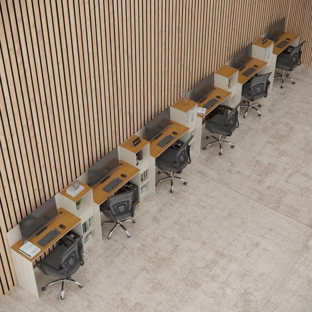 Conjunto De Escritório Tech 5 Livreiro E 6 Mesas 90cm - Vian - Off White E Cedro Off White E Cedro