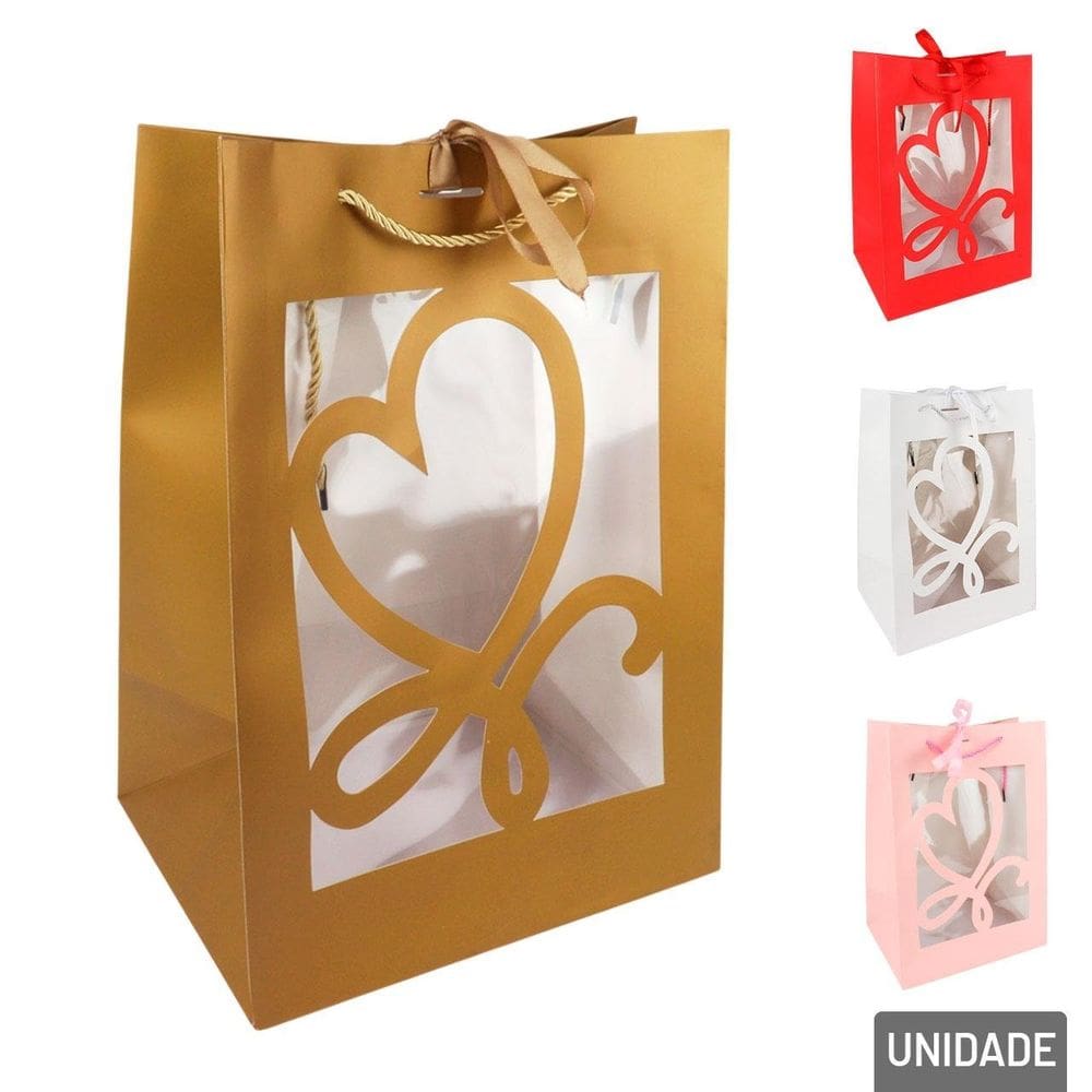 Sacola de Papel 35x25cm com Visor Coração e Laço - Tudo em Caixa