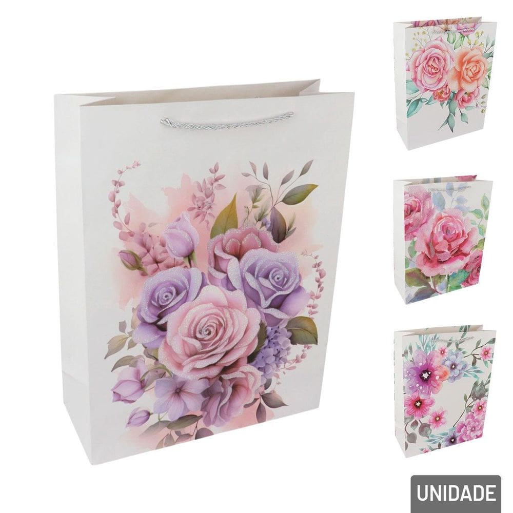 Sacola de Papel 40x30cm Flores Glitter - Tudo em Caixa
