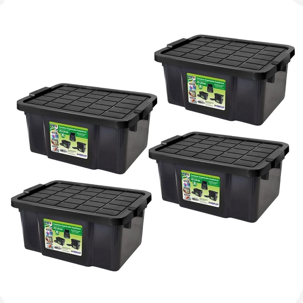 4 Caixa Organizadora Multiuso Preta 15L Empilhável Com Tampa