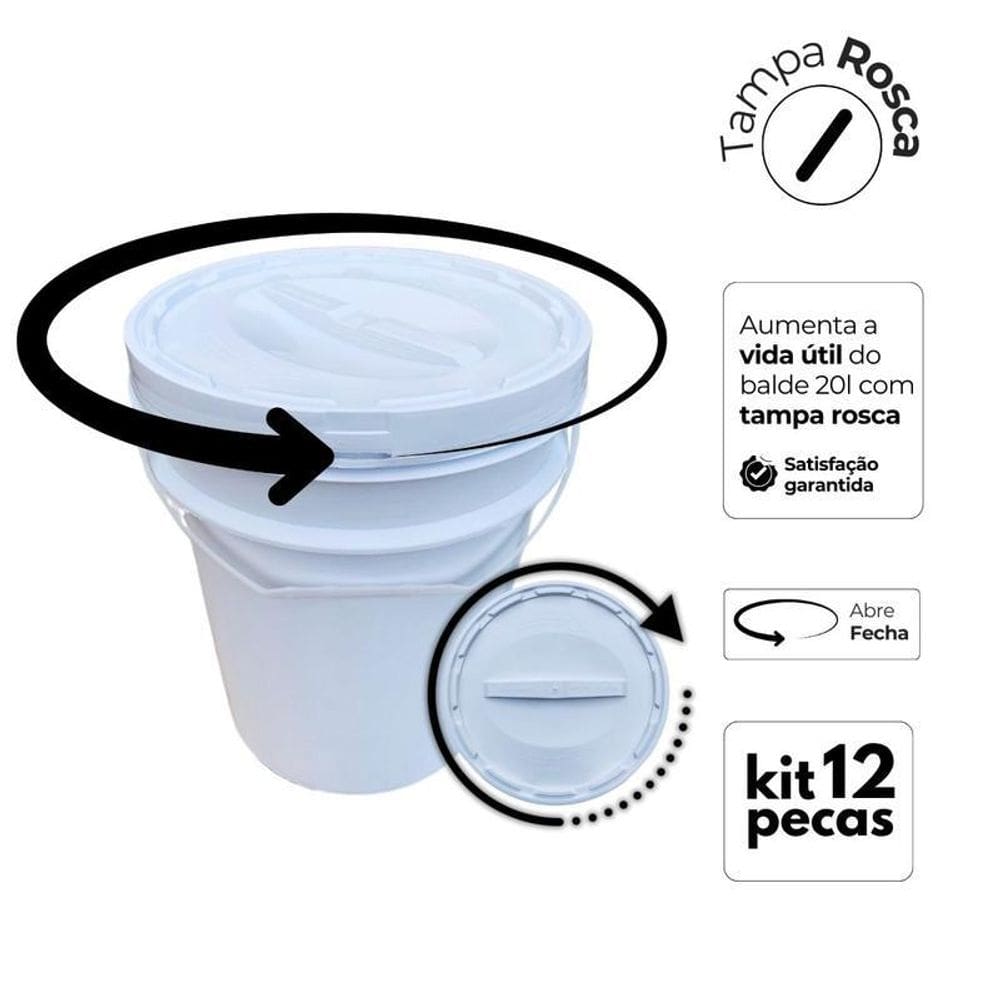 Balde Para Embarcações 20 Litros E Tampa Rosca - Kit 12 Pçs