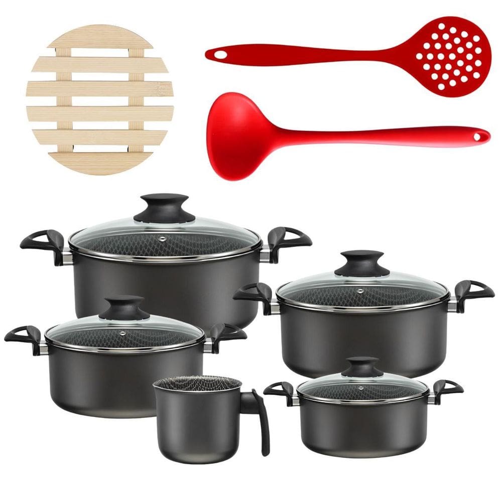 Jogo De Panelas 05 Pçs + 05 Descansos + Concha + Escumadeira