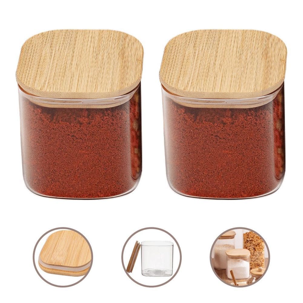 Dupla Potes Herméticos Quadrados 650Ml Vidro E Tampa Bambu