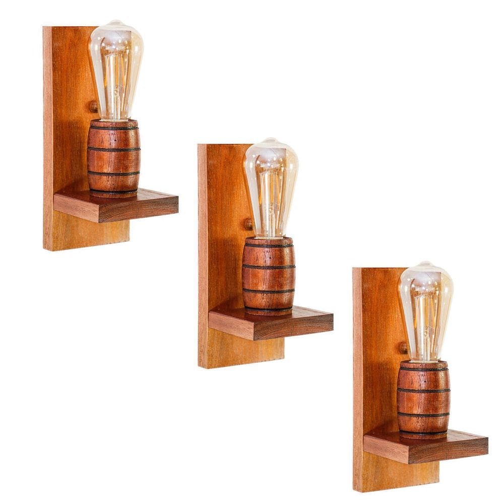 Kit 3 Arandelas Barril Delenha Decor Madeira Maciça - Mogno