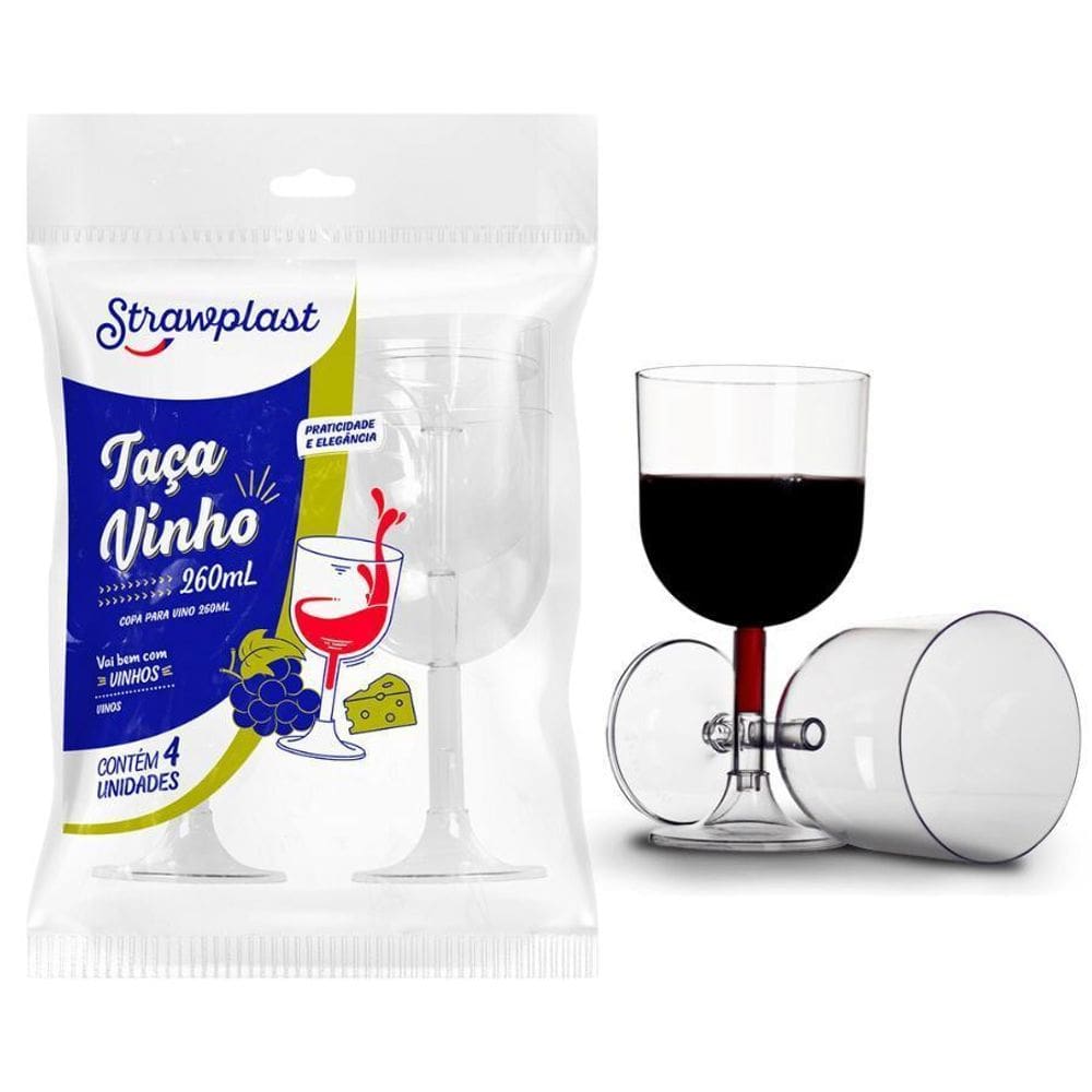 Taça Vinho Acrílico Descartável Strawplast 260Ml - 4 Taças
