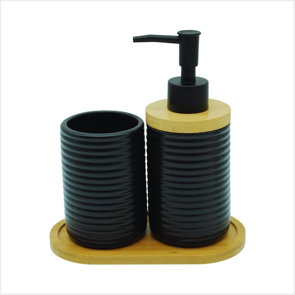 Jogo Banheiro Lavabo Porcelana Escova Sabonete Bandeja Bambu