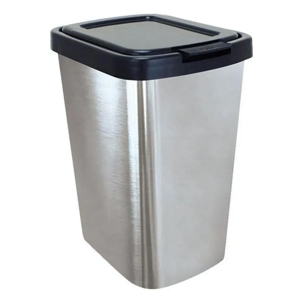 Lixeira 9 Litros Com Click Plástica E Adesivo Inox Cozinha