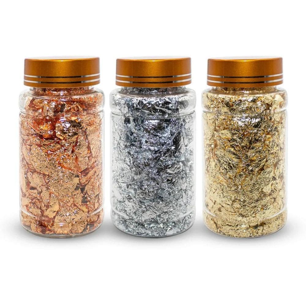 Kit 3 Potes Grandes Folhas De Ouro Dourado Prata Bronze Unha