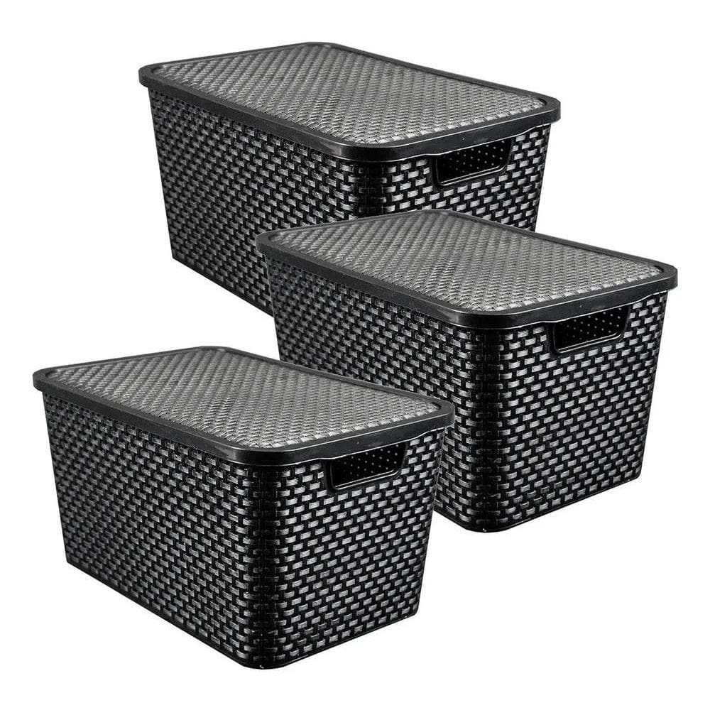 2X Caixas Organizadora Rattan 7 Litros Com Tampa Preta Kit 3