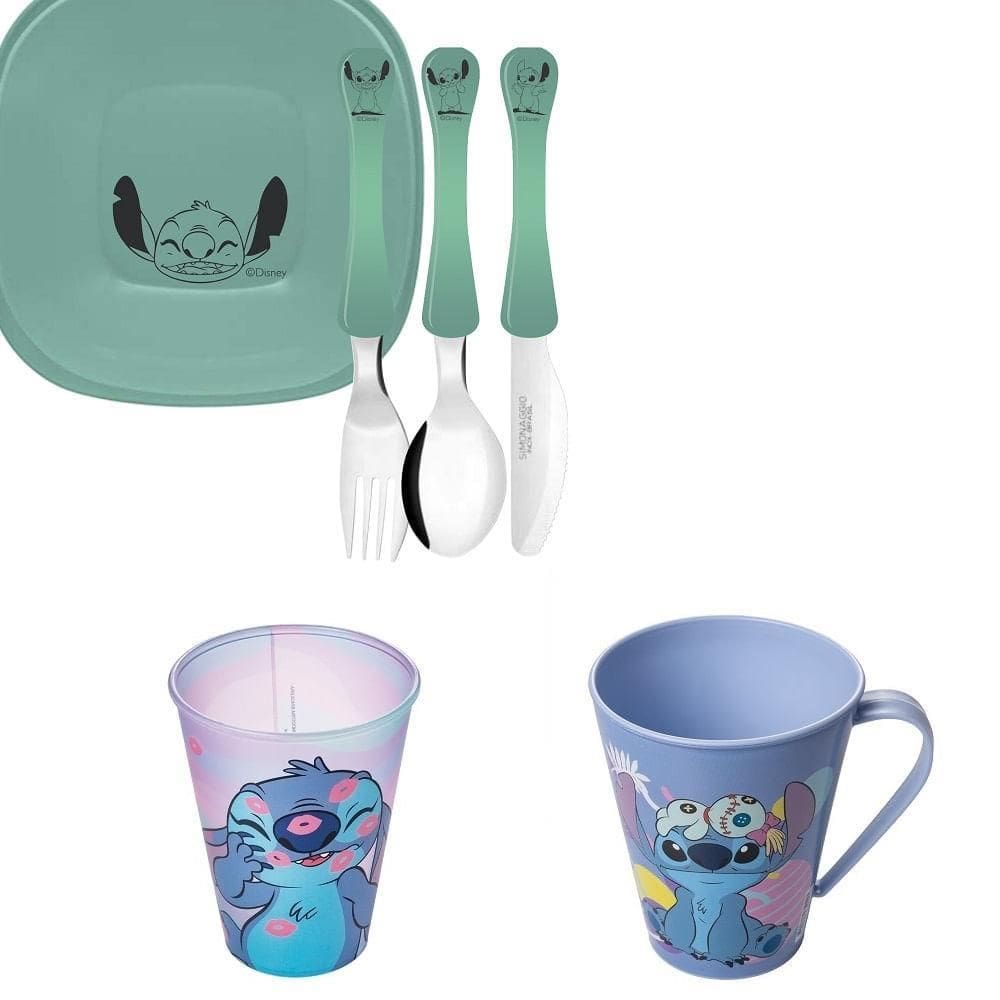 Stitch Pratos Raso E Fundo, Talheres, Copo E Caneca