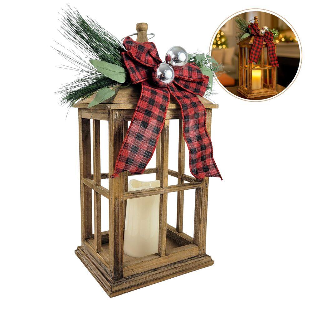 Lanterna Decorativa Natal Laço Xadrez Madeira Vela Led 46Cm