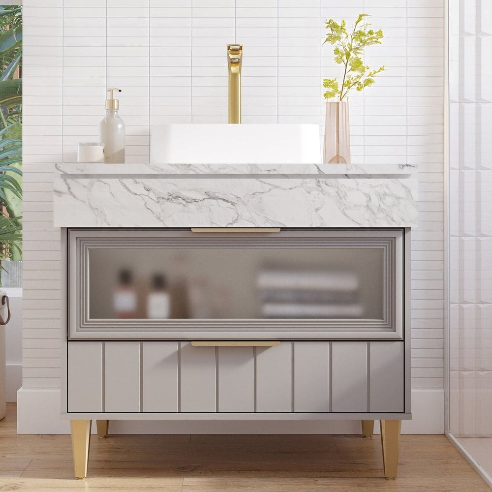 Gabinete para Banheiro 90cm com 1 Porta 1 Gaveta e Cuba de Sobrepor Bariloche Platina