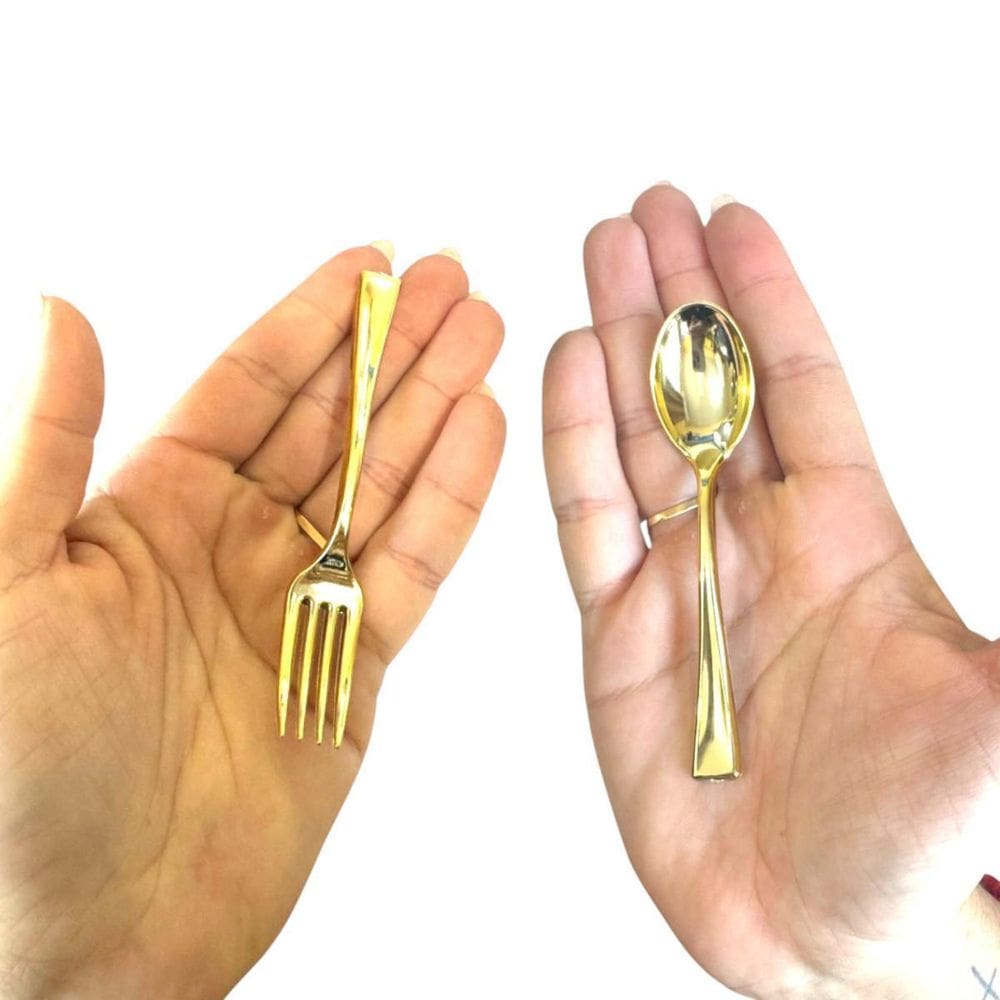 Kit 125 Mini Utensílio Dourado 10Cm Colher E Garfo Acrílico
