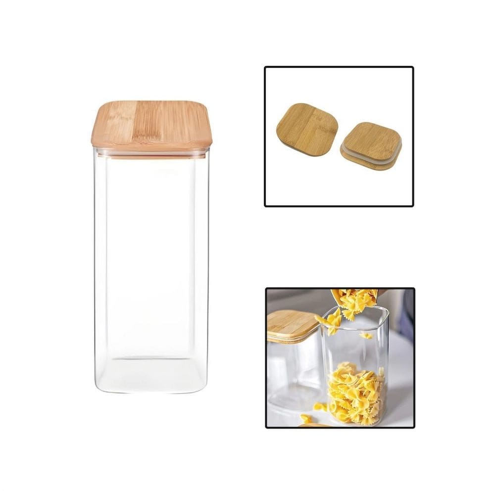 Pote Vidro Borossilicato 1400Ml Quadrado Tampa Bambu