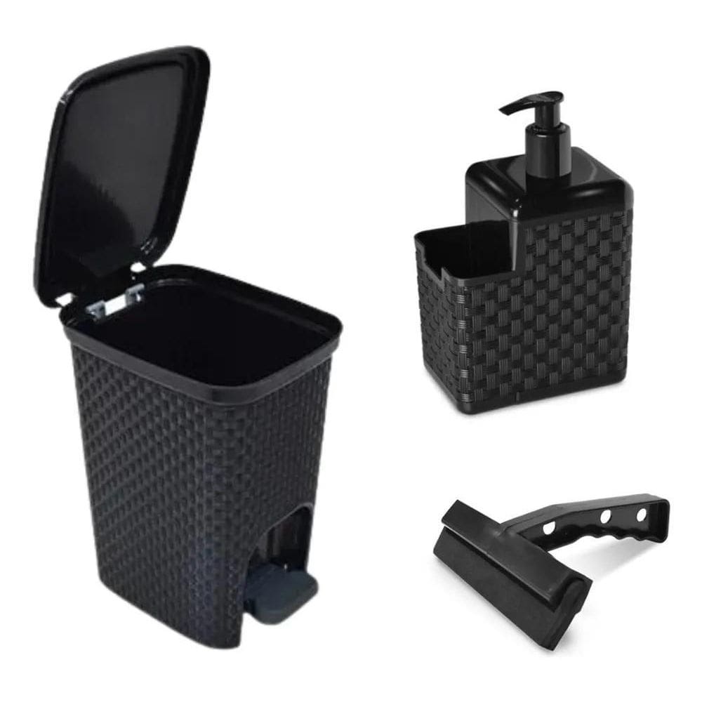 2X Kit Pia Lixeira Rattan Porta Detergente Esponja Rodo Pia