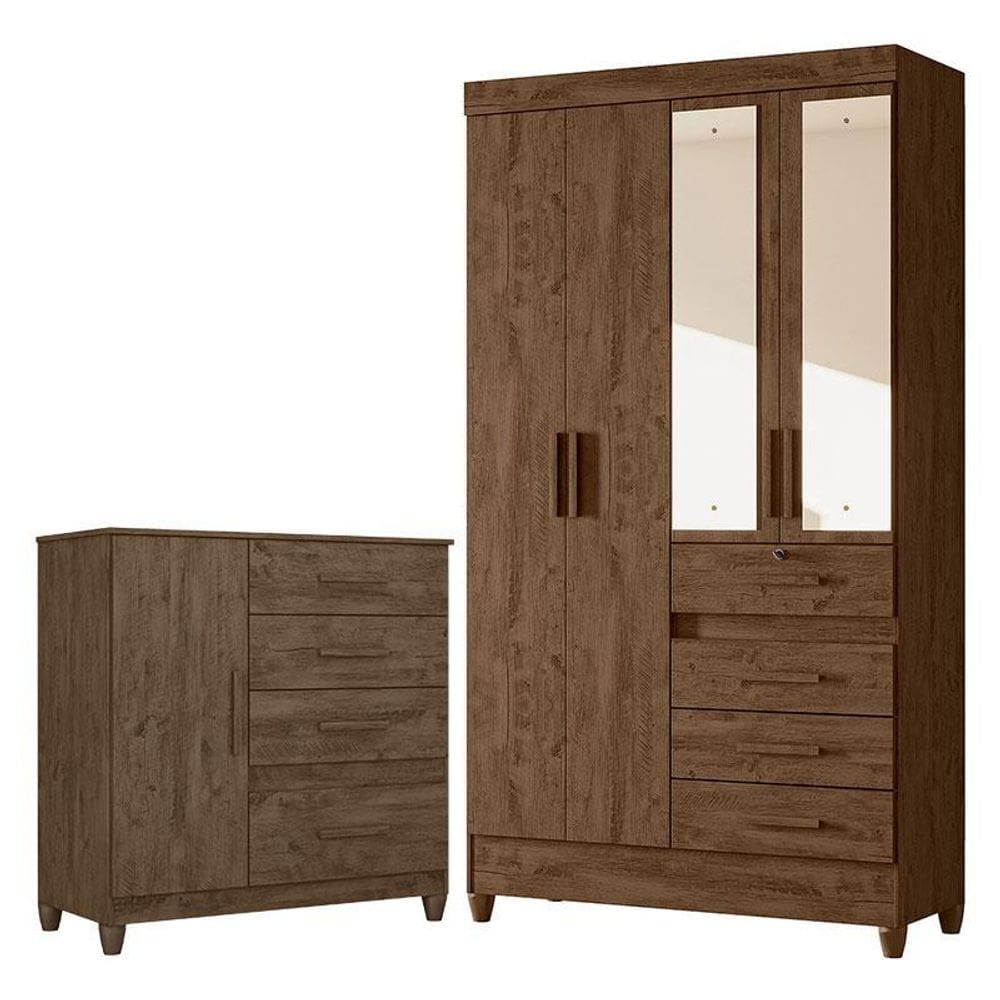 Guarda Roupa Solteiro Sobral com Espelho e Cômoda Vênus com pés Castanho Wood – Moval