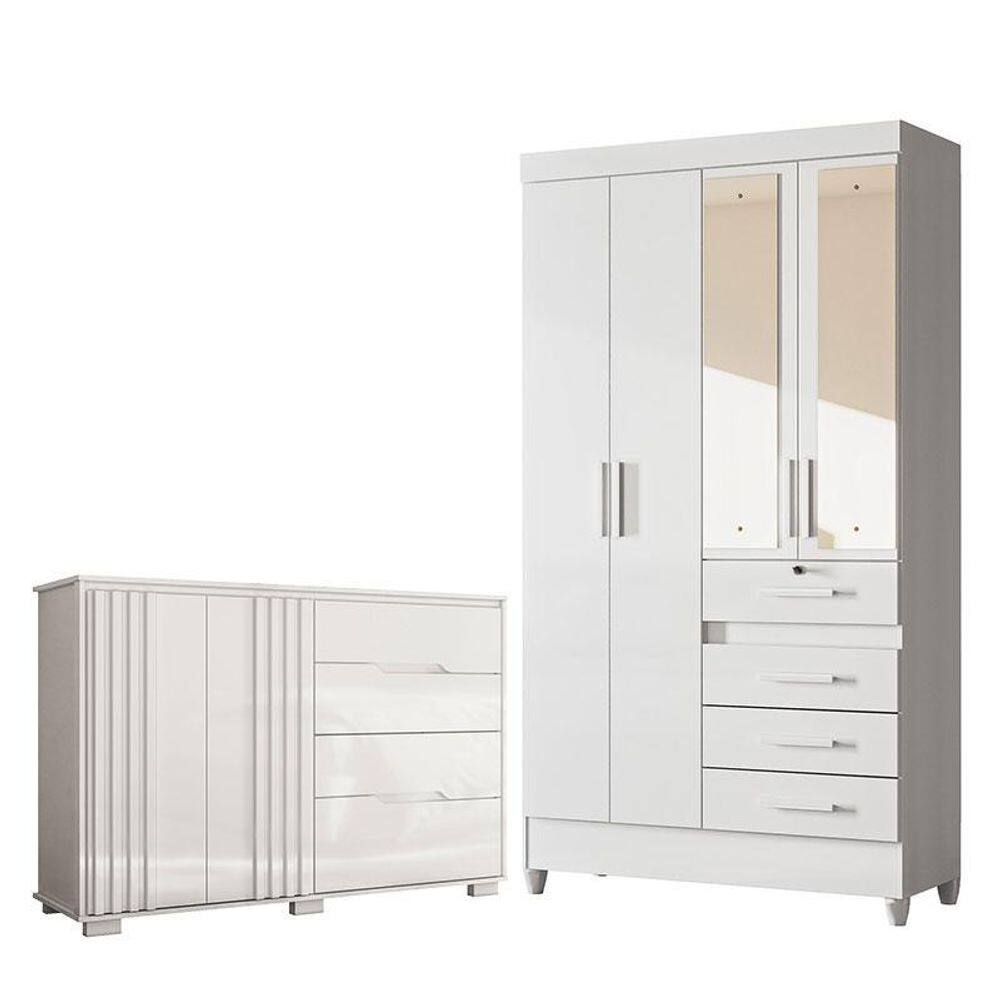 Guarda Roupa Infantil Sobral com Espelho e Cômoda Texas Branco Brilho – Moval