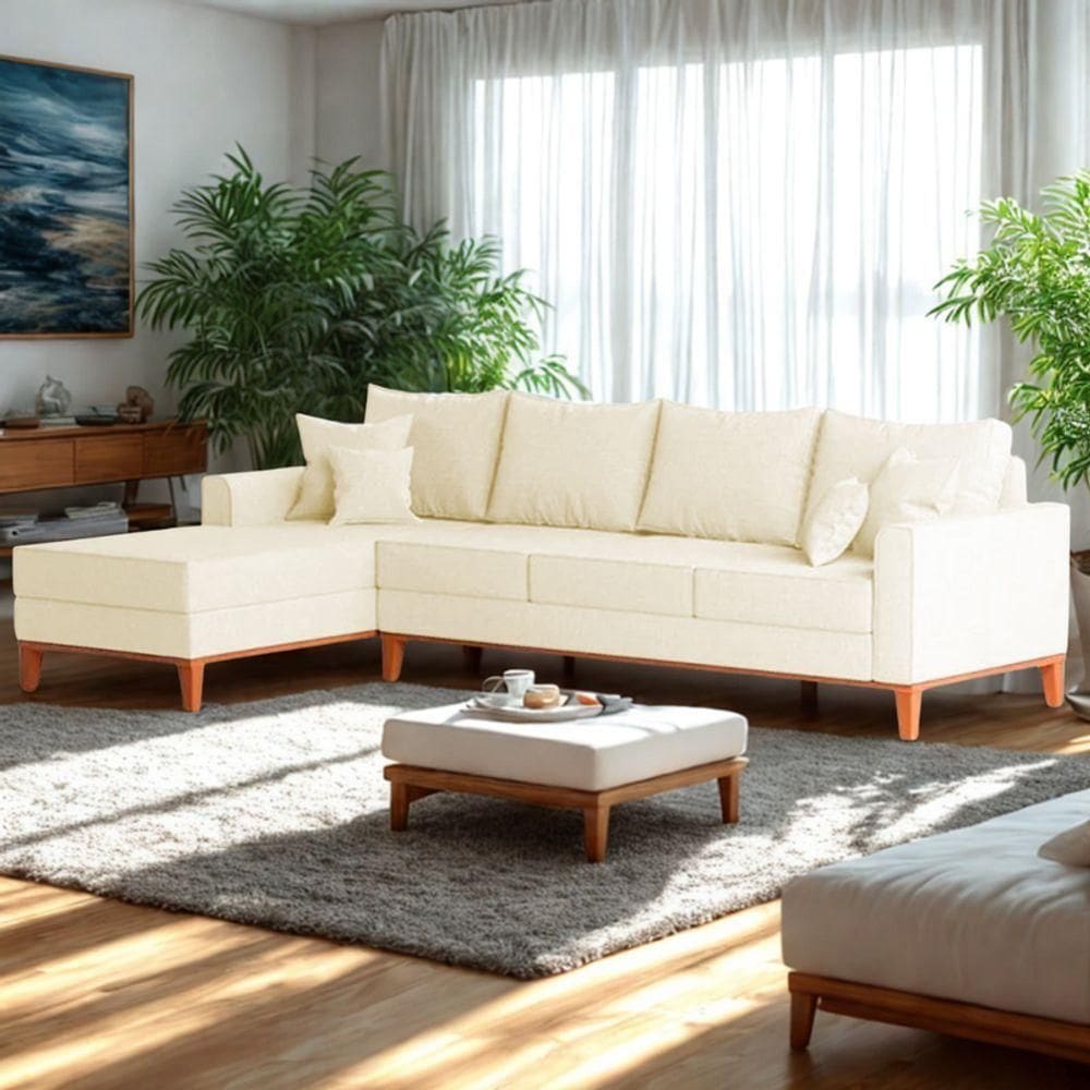 Sofá 4 Lugares Beny Com Chaise Esquerdo Corino Bege