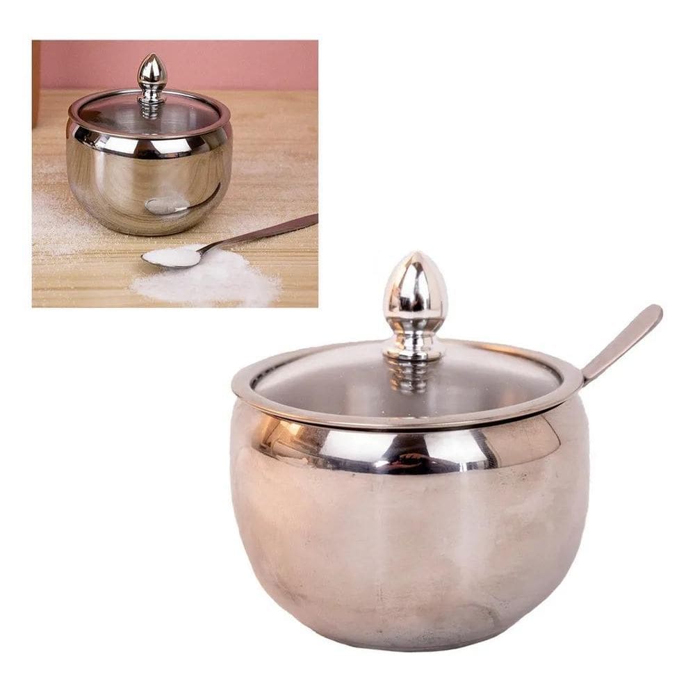 2X Açucareiro De Luxo Aço Inox Com Tampa De Vidro Colher 9X9