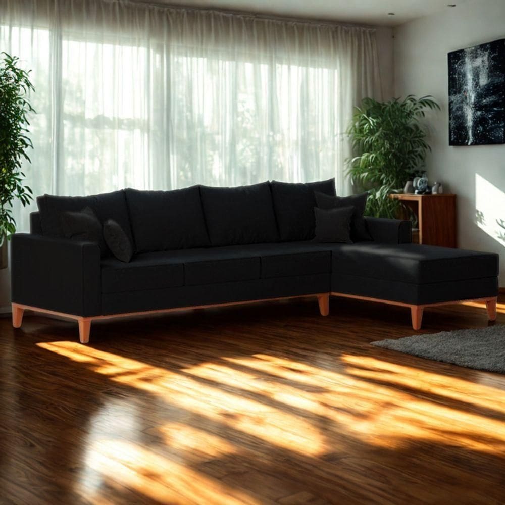 Sofá 4 Lugares Beny Com Chaise Direito Linho Preto