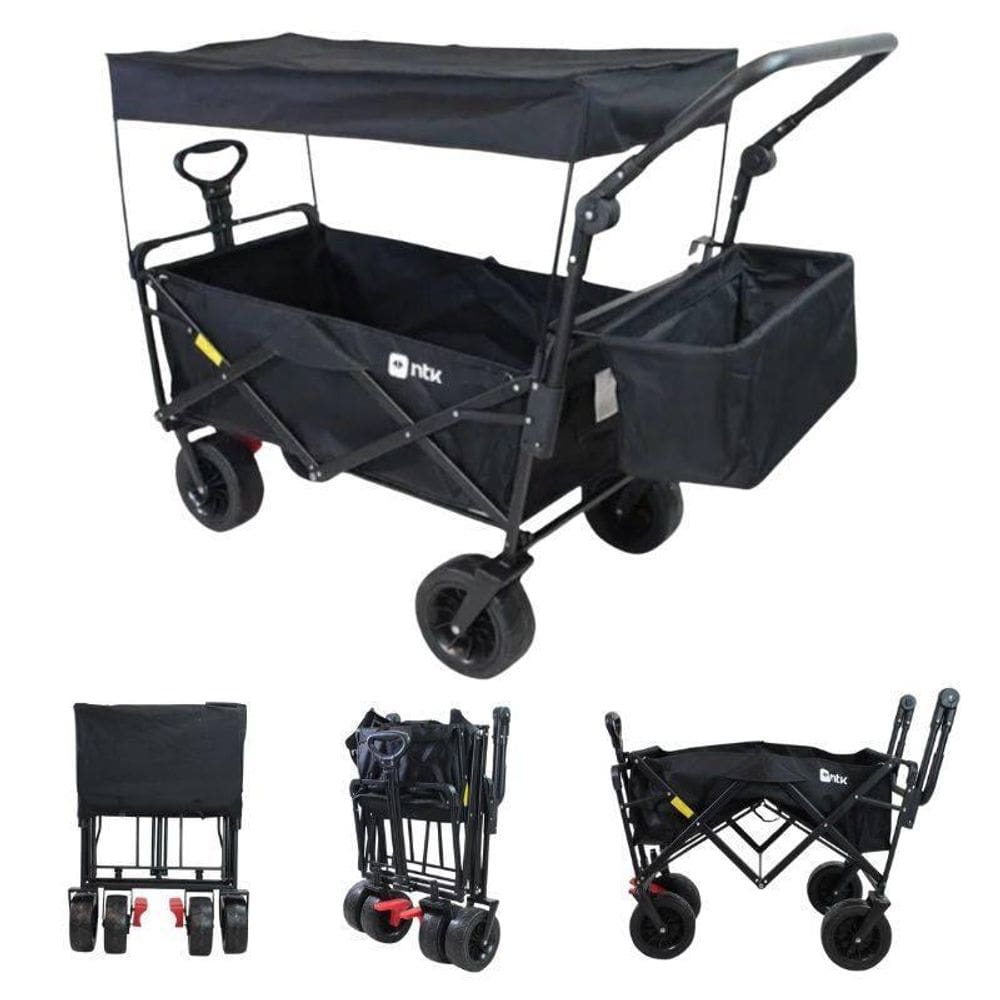 Carrinho Preto Dobrável Cobertura Até 80 Kilos Carga Compras