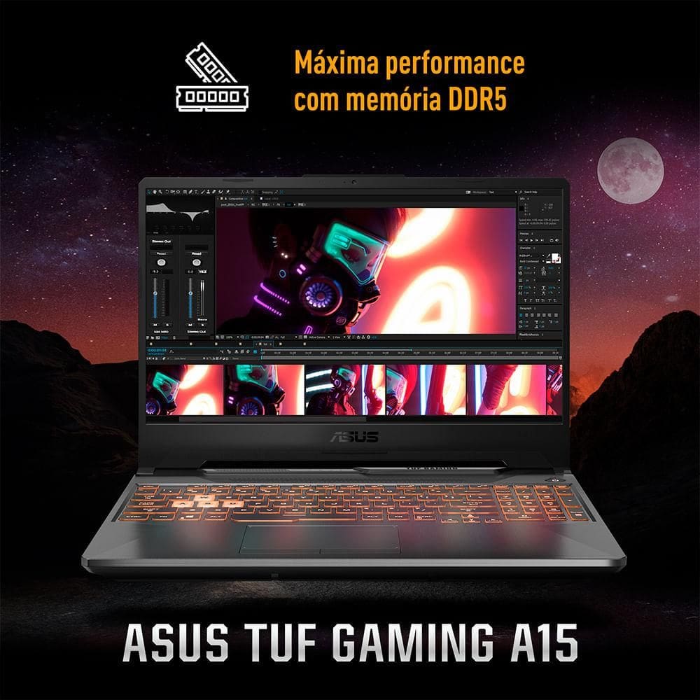 Notebook Asus Tuf Gaming A15 AMD Ryzen 7 16GB/512GB 16P. 16GB, 512GB SSD, Tela de 16”, RTX 3050, Graphite Black - FA506NCR-HN088W