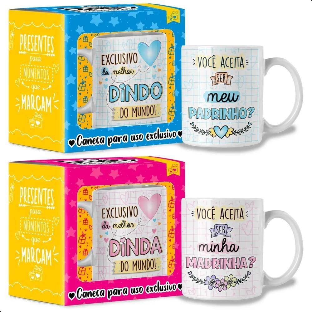 3X Kit 2 Canecas Porcelana Dindo Dinda Presente Com Caixinha