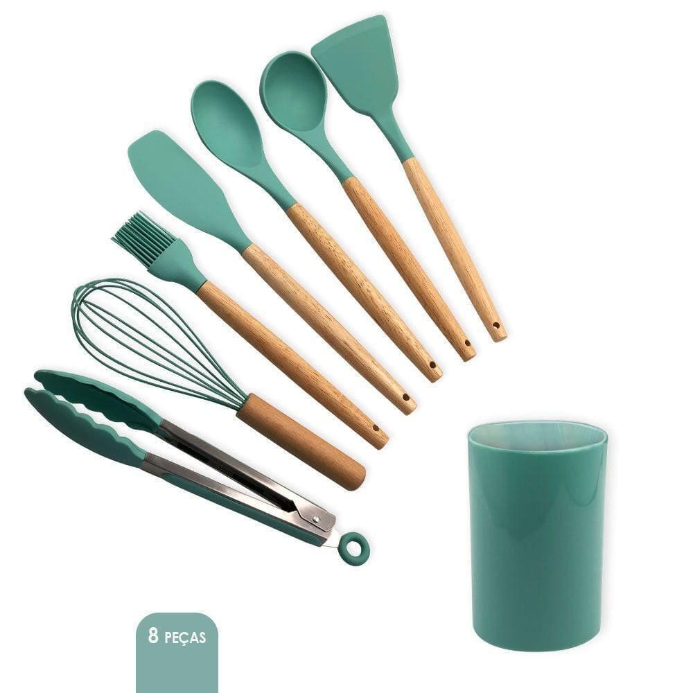 Kit 08 Utensílios Cozinha Silicone Verde Escuro Livre De Bpa