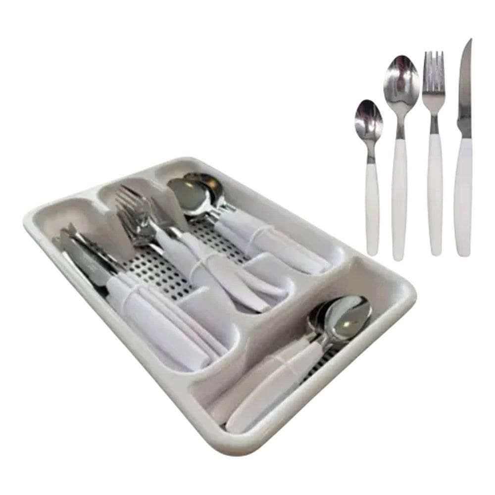 Jogo De Faqueiro Branco Garfo Faca Colher Com Porta Talher