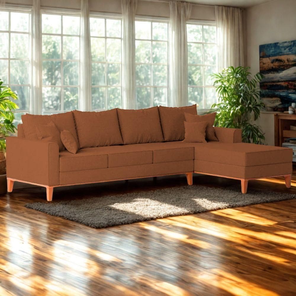 Sofá 4 Lugares Beny Com Chaise Direito Corino Terracota