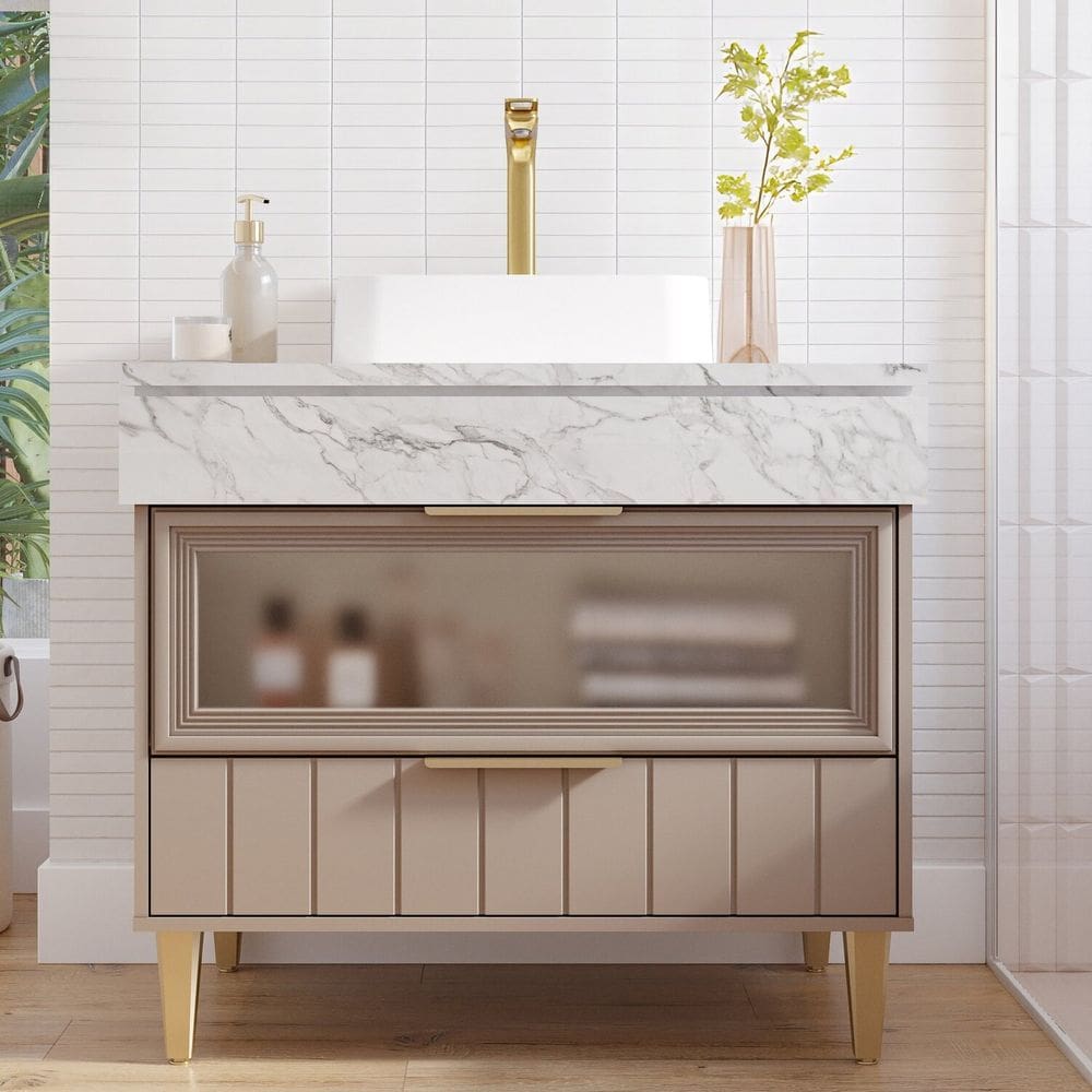 Gabinete para Banheiro 90cm com 1 Porta 1 Gaveta e Cuba de Sobrepor Bariloche Cappuccino