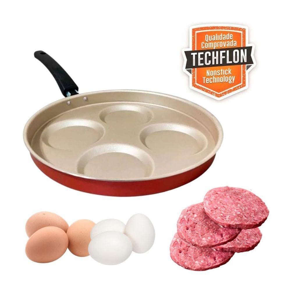 Frigideira 4 Em 1 Vermelha Com Divisões Ovos Hamburguer