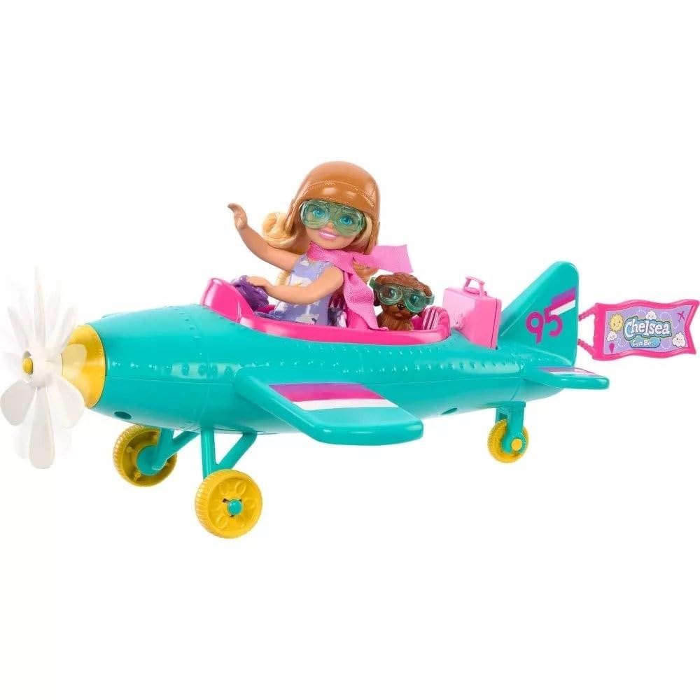 Conjunto de brinquedos Barbie Chelsea Can Be Doll & Plane com 7 acessos.