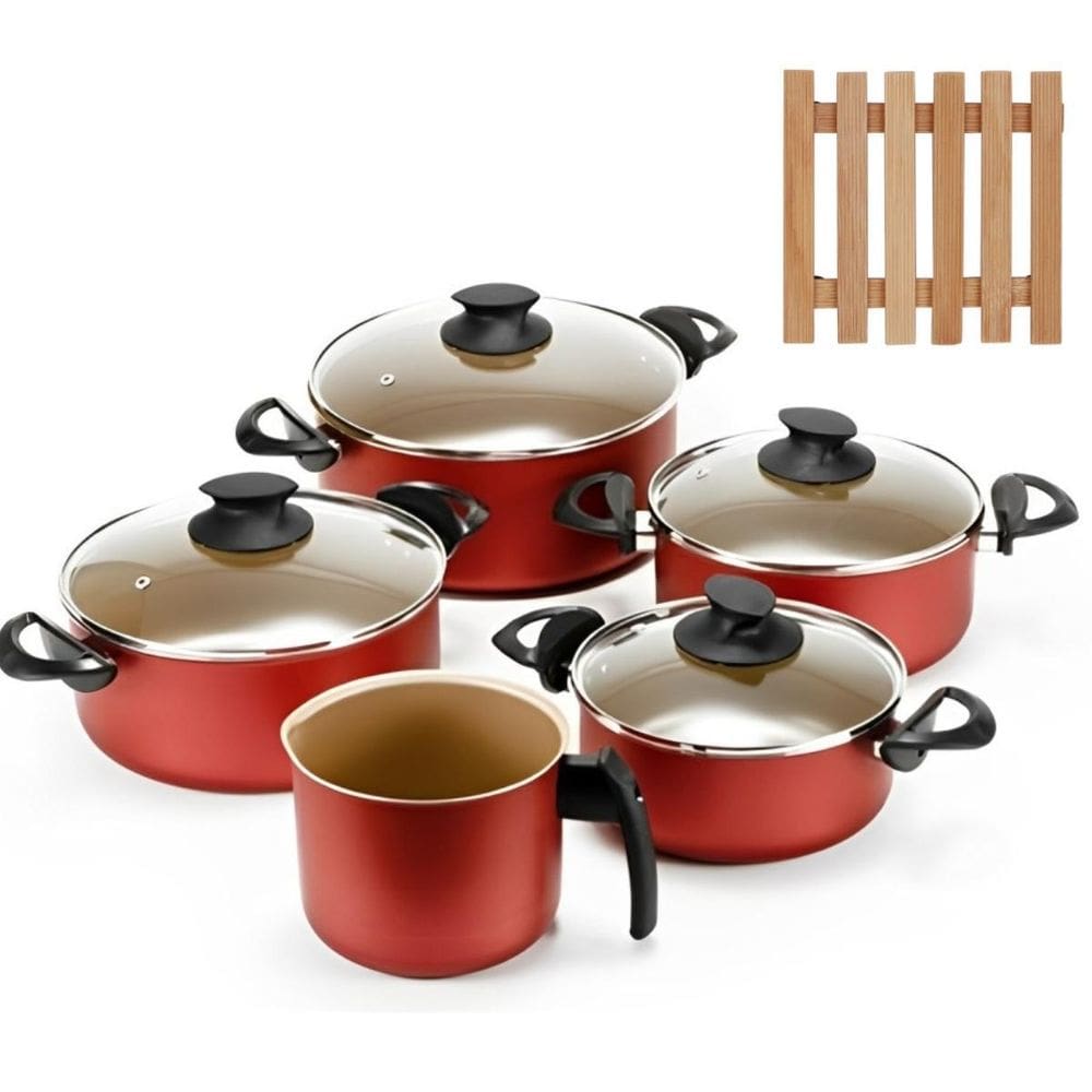 Jogo De Panelas 05 Pçs Antiaderentes + 05 Descansos Panela